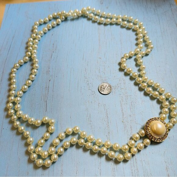 Gold Double Strand Glass Knotted Pearl With Attached Enhancer Necklace - Picture 1 of 4